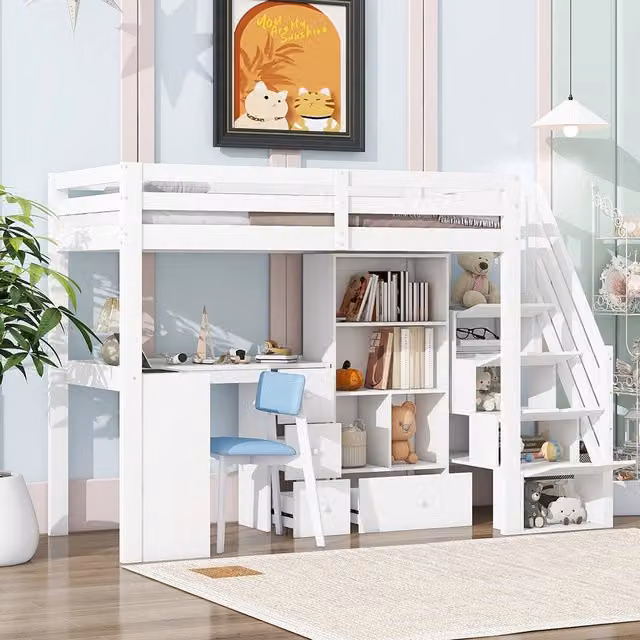 Letto mezzanino 90x200cm - Xylo - bianco, EN747, scrivania, cassetti