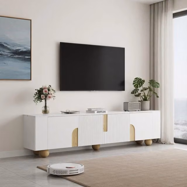 Cassettiera per TV bianca e legno; MDF e truciolare; lunghezza 180 cm