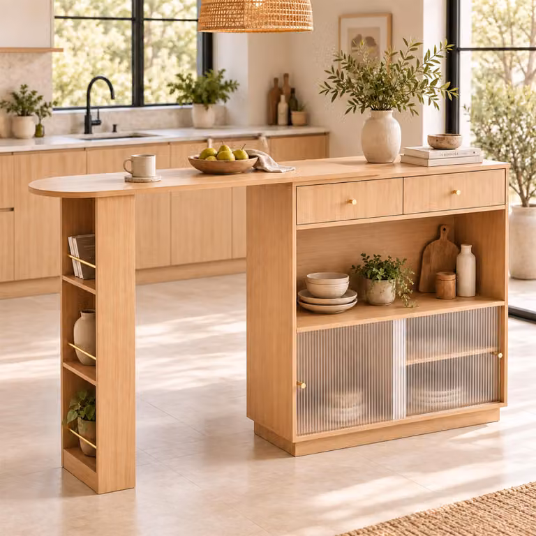 Isola da cucina estendibile MODFU con illuminazione a LED, bancone bar con rotazione a 360°, tavolo da cucina con cassetti e ripiani, finitura noce