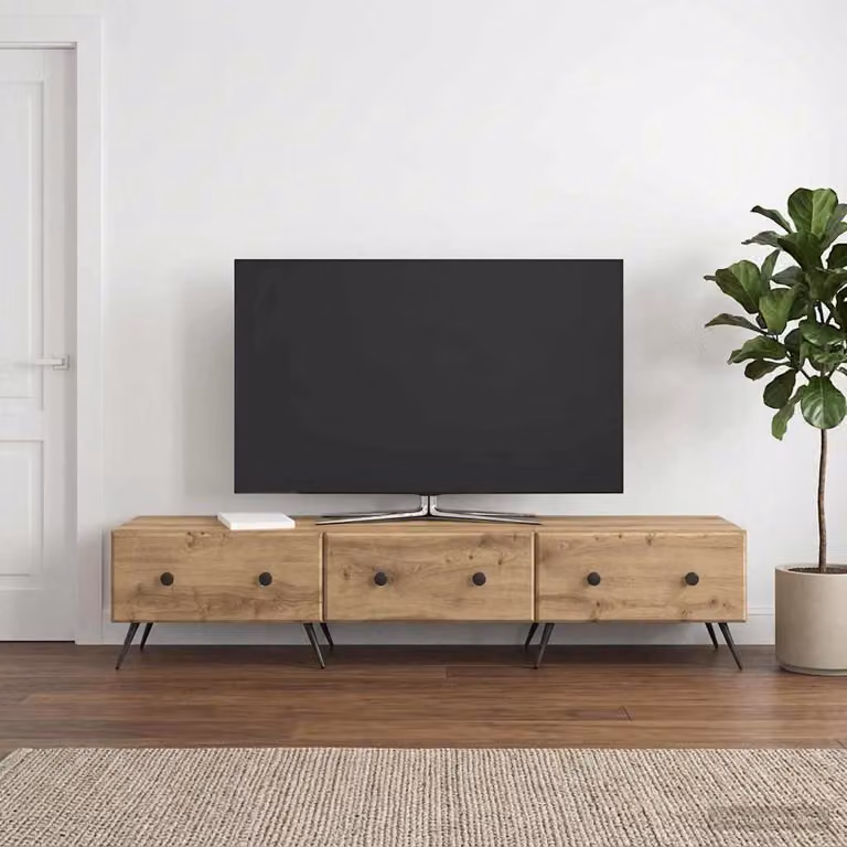 Mobile TV moderno vidaXL in legno e metallo, colore marrone rovere, L 147 cm x P 34,5 cm x H 30 cm
