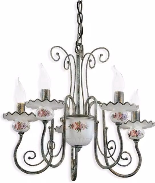 Lampadario Classico Sanremo Ferroluce in Metallo e Ceramica Verde e Oro con 5 Luci E14