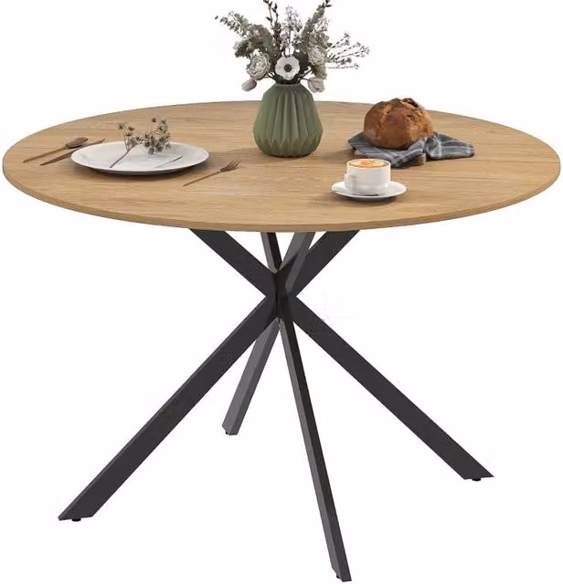 Tavolo da pranzo rotondo industriale Ø120 cm con piano in legno di quercia e gambe in acciaio nero