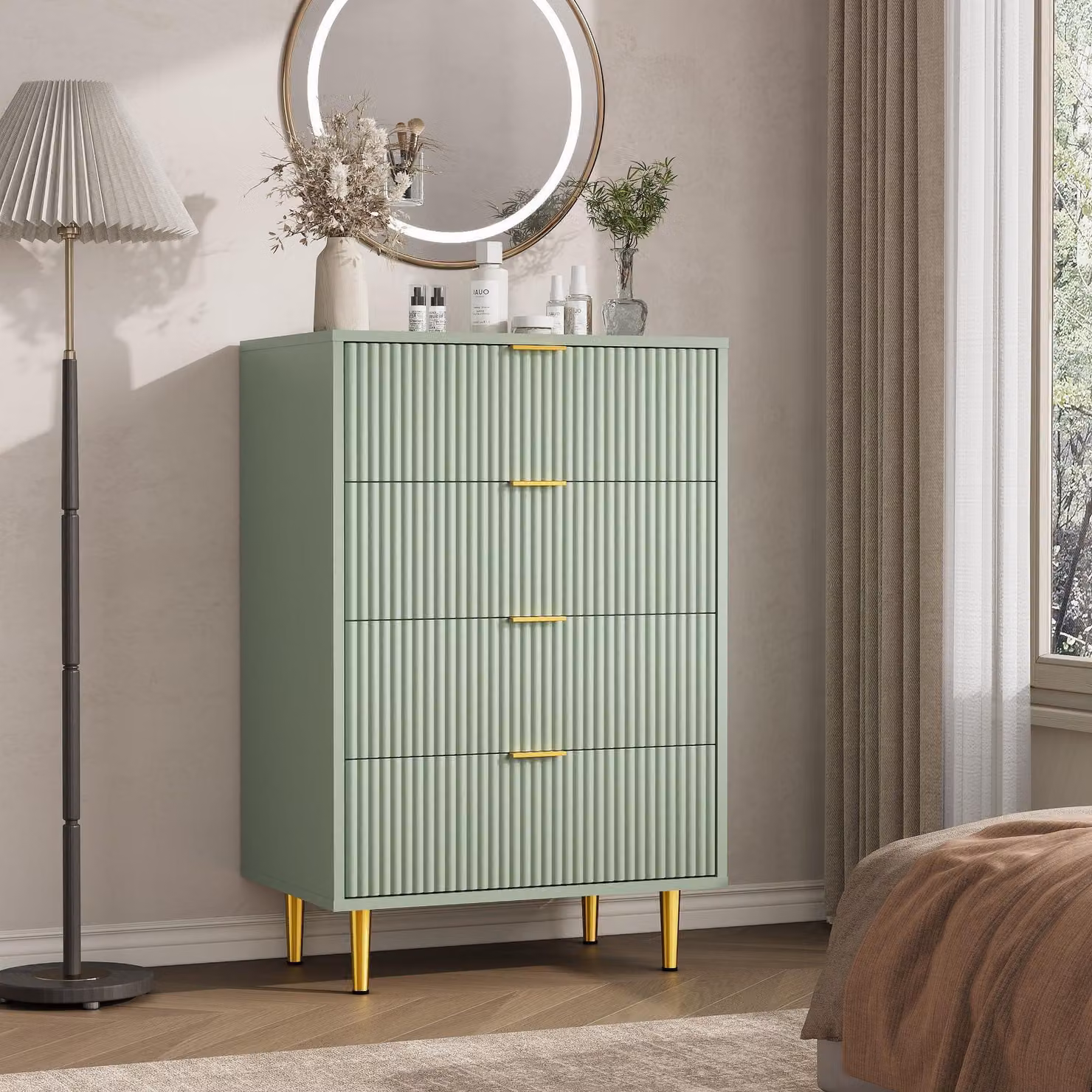 Comodino con frontale scanalato, 4 cassetti, ideale per la camera da letto o il soggiorno. Colore: verde oliva