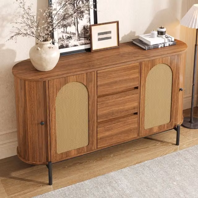 Credenza ovale con ante scorrevoli, 3 cassetti e ripiani regolabili per soggiorno, in MDF, noce, 140 × 38 × 77,5 cm