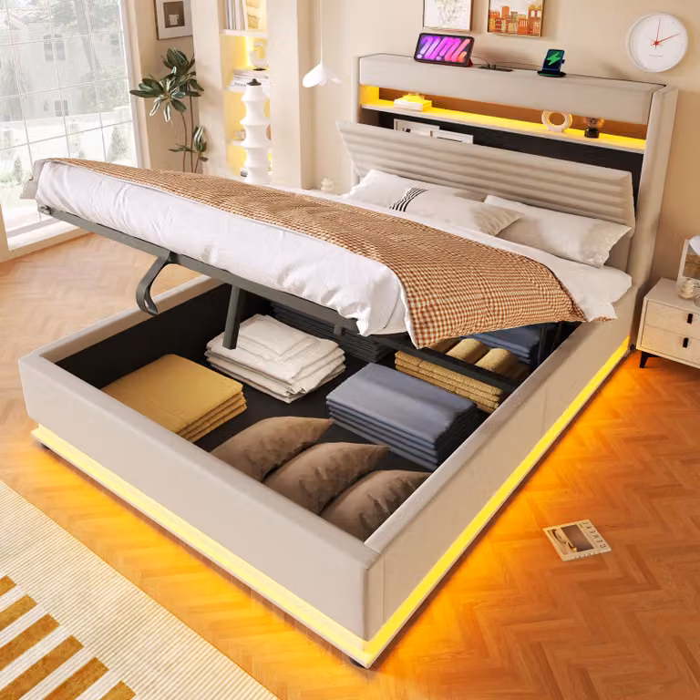 Letto imbottito okwish 140×200 con materasso, letto per ragazzi con funzione di ricarica USB Type-C, letto contenitore con illuminazione a LED e vano portaoggetti, colore beige
