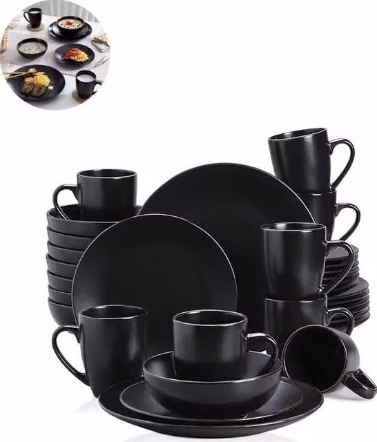 Set di Cucina Completo - 32 Pezzi - 8 Persone - Ceramica - Set di Tavola - Piatti da Pranzo - Piatti per Dessert - Piatti da Tè - Tazze - Ciotole - Nero