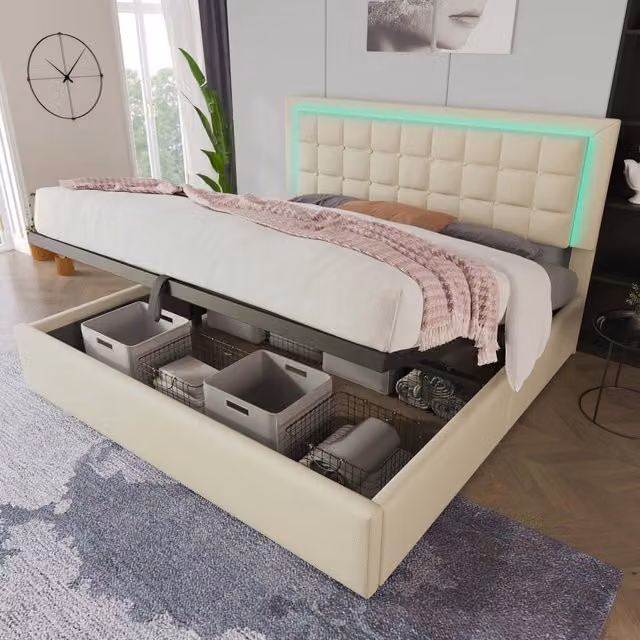 Letto imbottito LED stivaggio 180x200 finta pelle bianco
