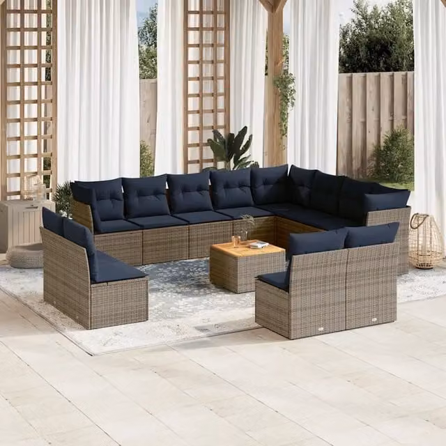 Set di Divani da Giardino vidaXL in Polyrattan Grigio e Blu con Cuscini e Tavolino da Esterno a Forma di U composto da 13 Pezzi – 1
