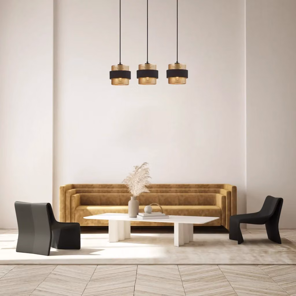 Lampada a sospensione moderna Italux BANS in metallo e tessuto, colore nero e oro, con 3 x E27, ideale per cucina, sala da pranzo o soggiorno – 2