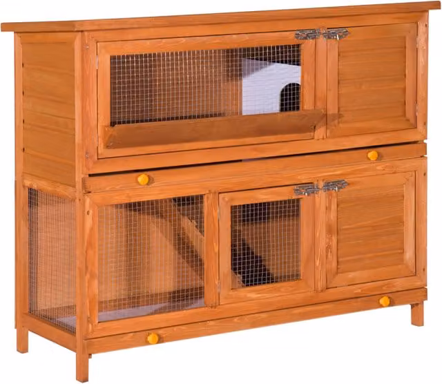 Gabbia per conigli e pollaio Zephmum in legno di pino marrone a 2 piani con tetto apribile L: 120 cm, P: 48 cm, H: 100 cm