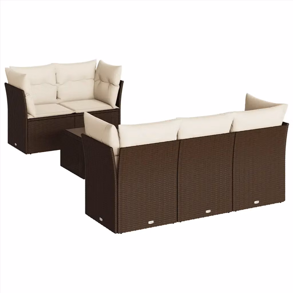 Set Divano da Giardino vidaXL 6 pz a Forma a L con Tavolino in Polyrattan e Cuscini Marroni e Bianchi – 2