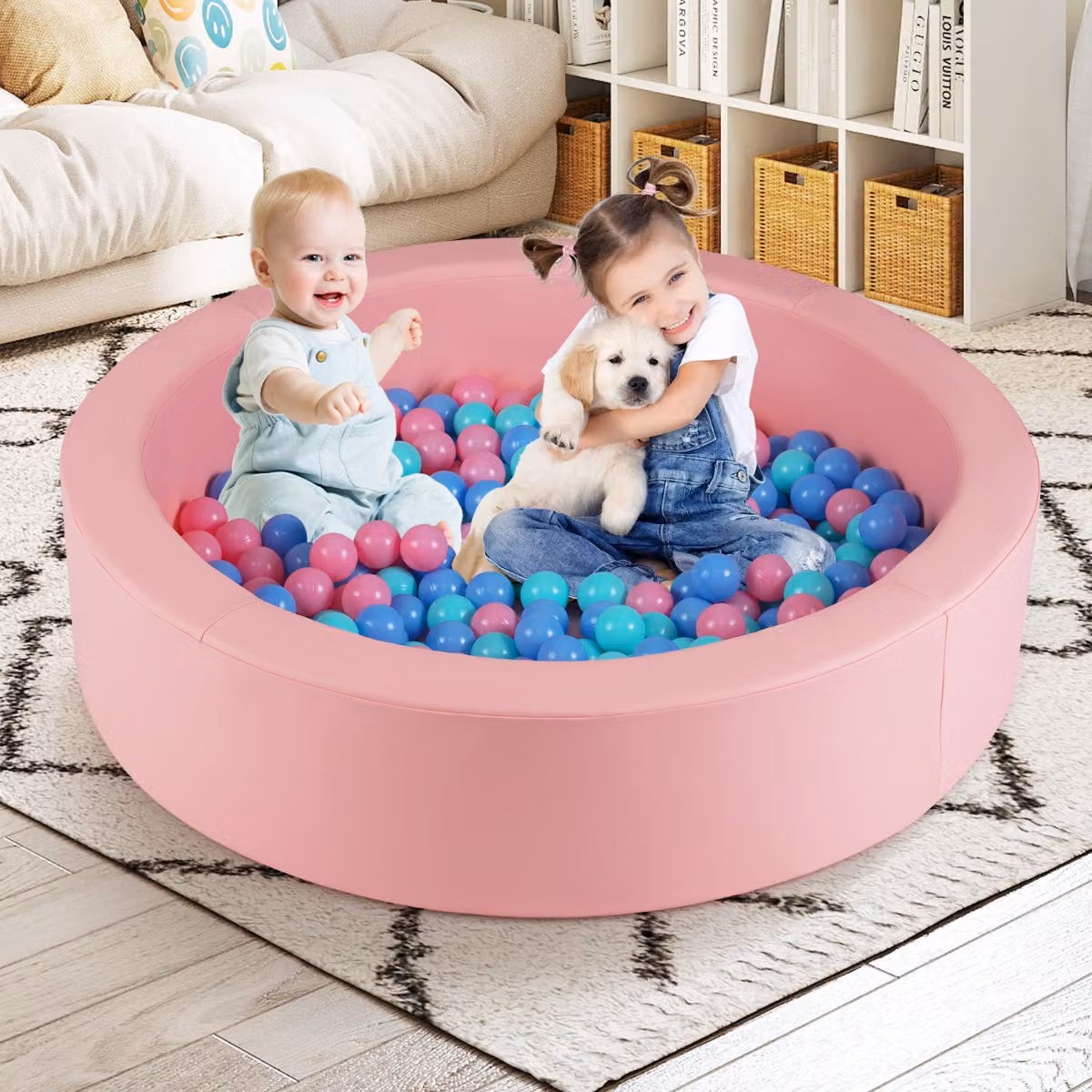 Piscina per bambini con palline Costway in schiuma rosa con imbottitura e sacchetto portaoggetti in rete