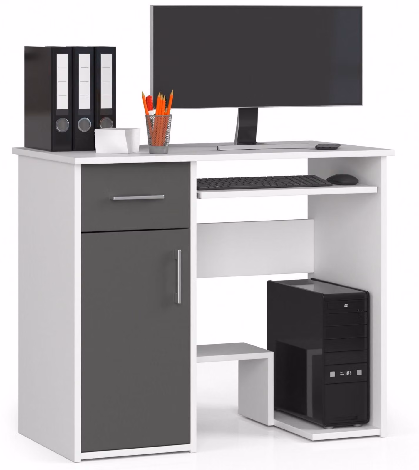 Scrivania da 90 cm con ripiano per tastiera, 1 cassetto e 1 anta; scrivania per computer, tavolo da lavoro