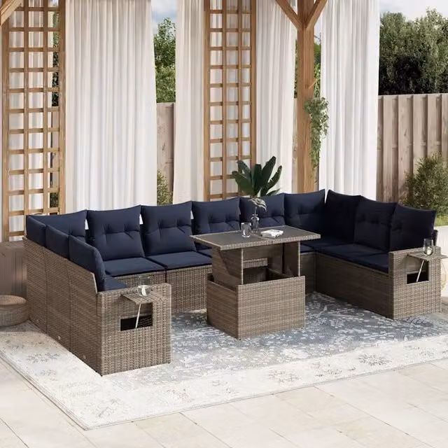 Set di Divani da Giardino a Forma di U con Tavolino vidaXL in Polyrattan Grigio e Blu con Cuscini Inclusi – 1