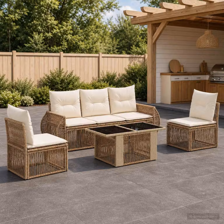 Set Divano da Giardino vidaXL 6 Pezzi con Tavolino e Cuscini Beige e Bianco con Struttura in Acciaio e Polyrattan