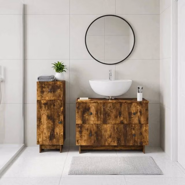 Set di mobili da bagno vidaXL in legno rovere marrone con ante a battente e cassetti interni, design moderno e freestanding