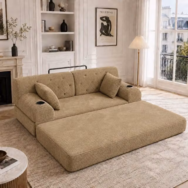 Divano letto 2 posti ¨C Minimal ¨C Khaki, struttura in metallo, tessuto corda, con portabibite e tasche laterali