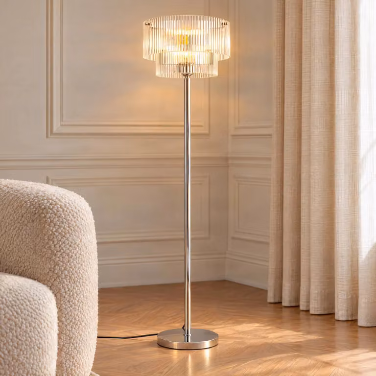 Lampada da terra Meritt Lucande, Cromo / Argento, Soggiorno / Sala da pranzo, Vetro, Moderno, Lampada da terra