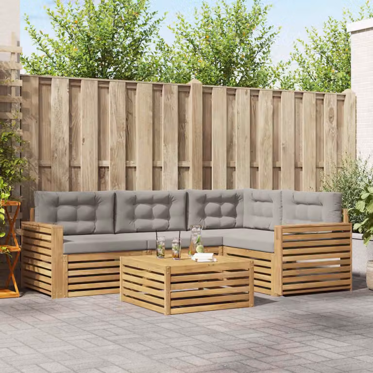 Set di divani da esterno vidaXL a forma di L con tavolino, composto da 5 pezzi in legno di acacia e tessuto, colori bianco, grigio e marrone
