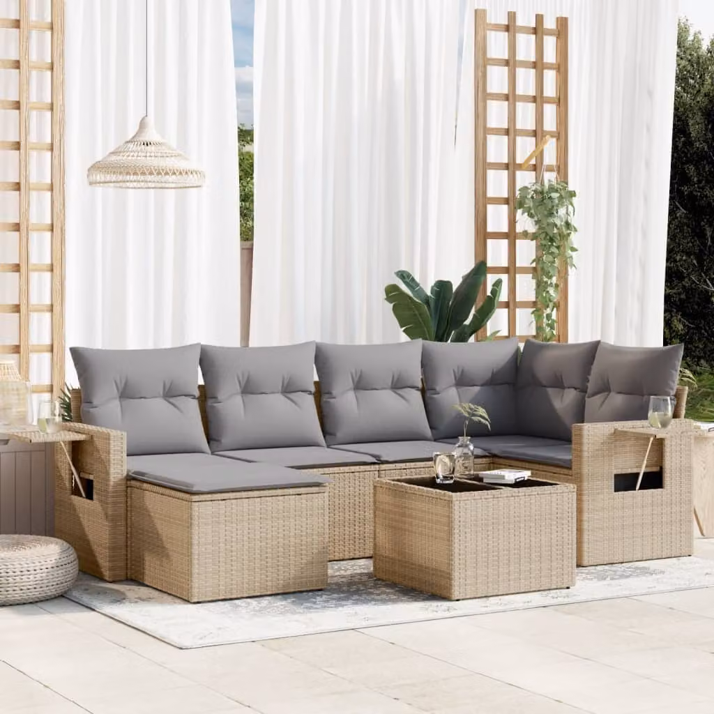 vidaXL Set Divani da Giardino 7 pz in Polyrattan con Cuscini Beige e Grigio – 1