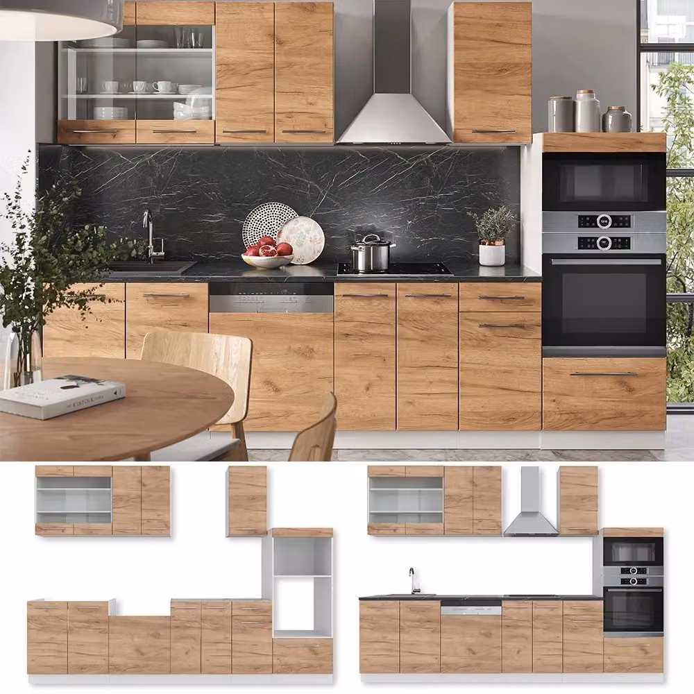 Cucina componibile moderna Vicco Fame-Line Rovere dorato e Bianco con armadio alto, L: 300 cm – 2