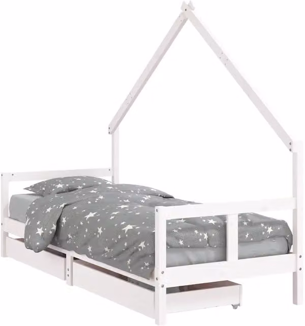 Letto Infantile per Bambini con Cassetti in Legno di Pino Massello Bianco L 80 x P 200 cm