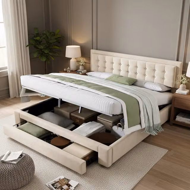 Letto imbottito matrimoniale in velluto 180 x 200 cm con contenitore e cassetti, rete a doghe, grande spazio - Beige