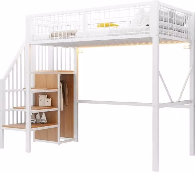 Letto a soppalco 90x200 cm con scala contenitore; LED e struttura in metallo bianco
