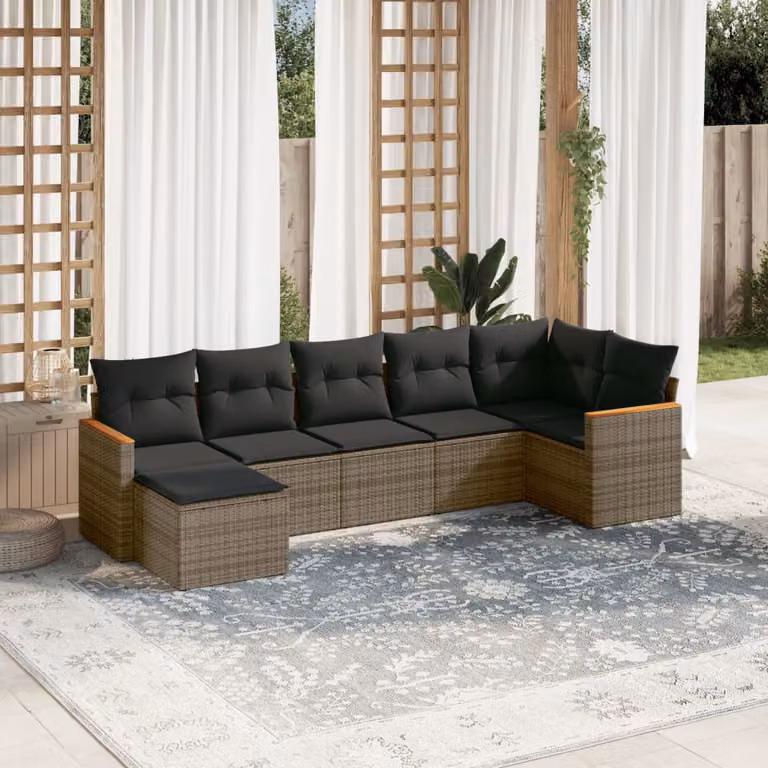 Set di divani da giardino vidaXL in polyrattan grigio con 7 pezzi e cuscini inclusi