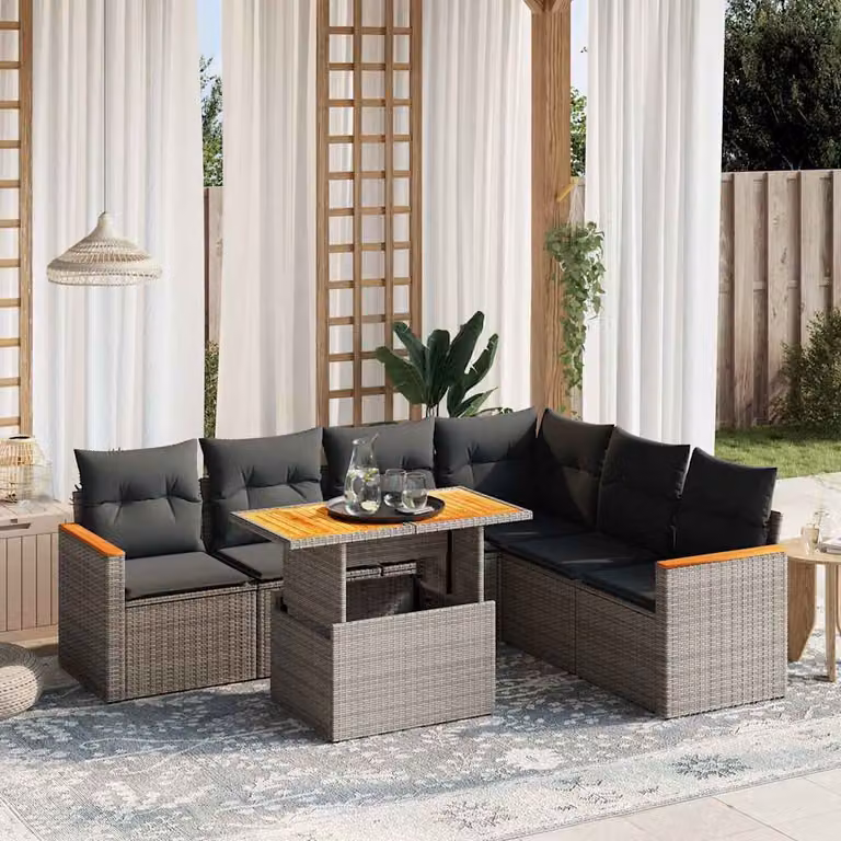 vidaXL Set Divani da Giardino 7 pz in Polyrattan Grigio con Cuscini e Tavolino da Esterno