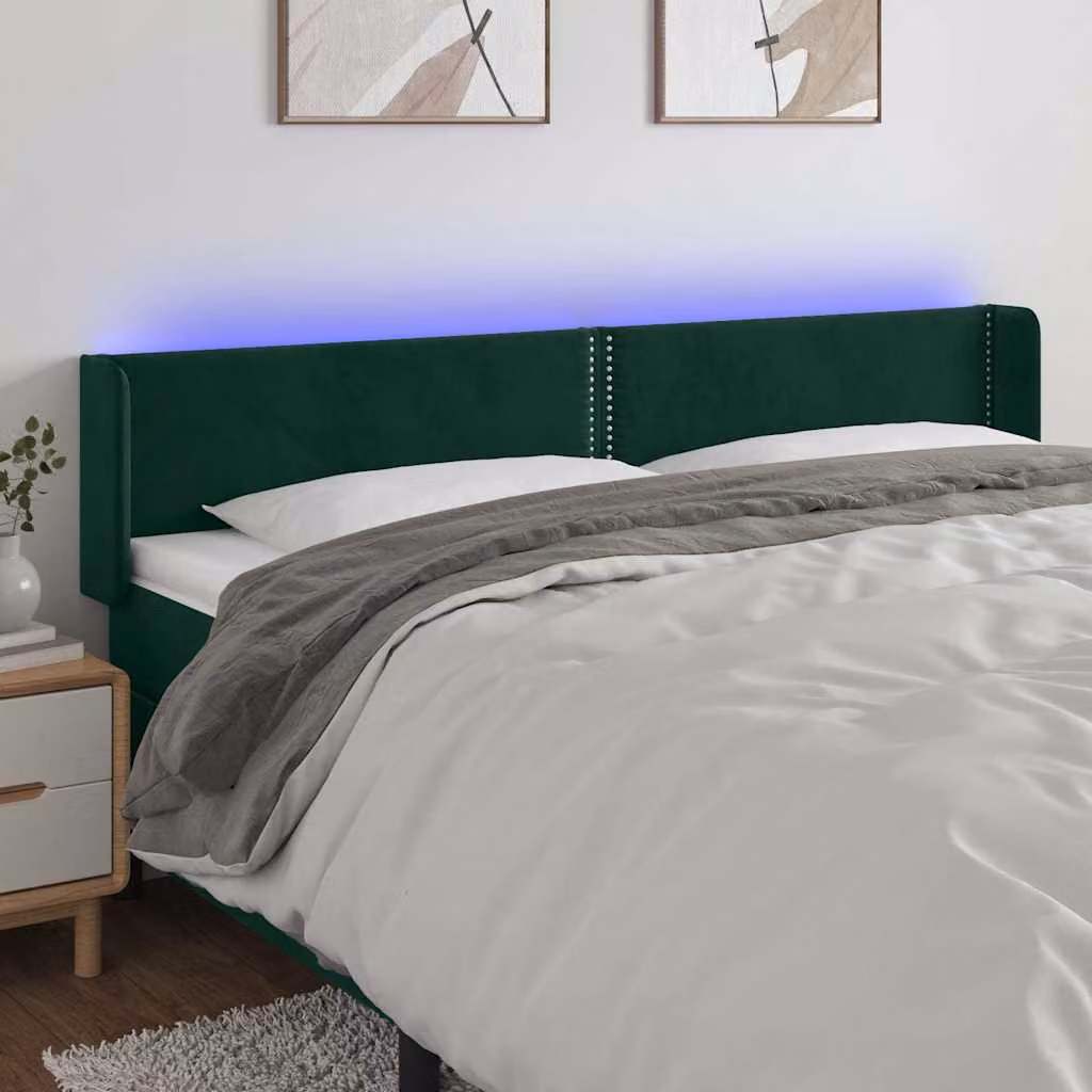 Testiera con LED e porta USB vidaXL in velluto verde scuro, L 203 x P 16 x H 78/88 cm
