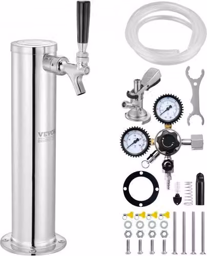 VEVOR Kit Colonna Birra a Rubinetto Singolo in Acciaio Inossidabile Argento con Regolatore a Doppio Manometro W21.8 e Accoppiatore per Fusti Sistema A L/P/H: 43.5 x 17.5 x 11.5 cm