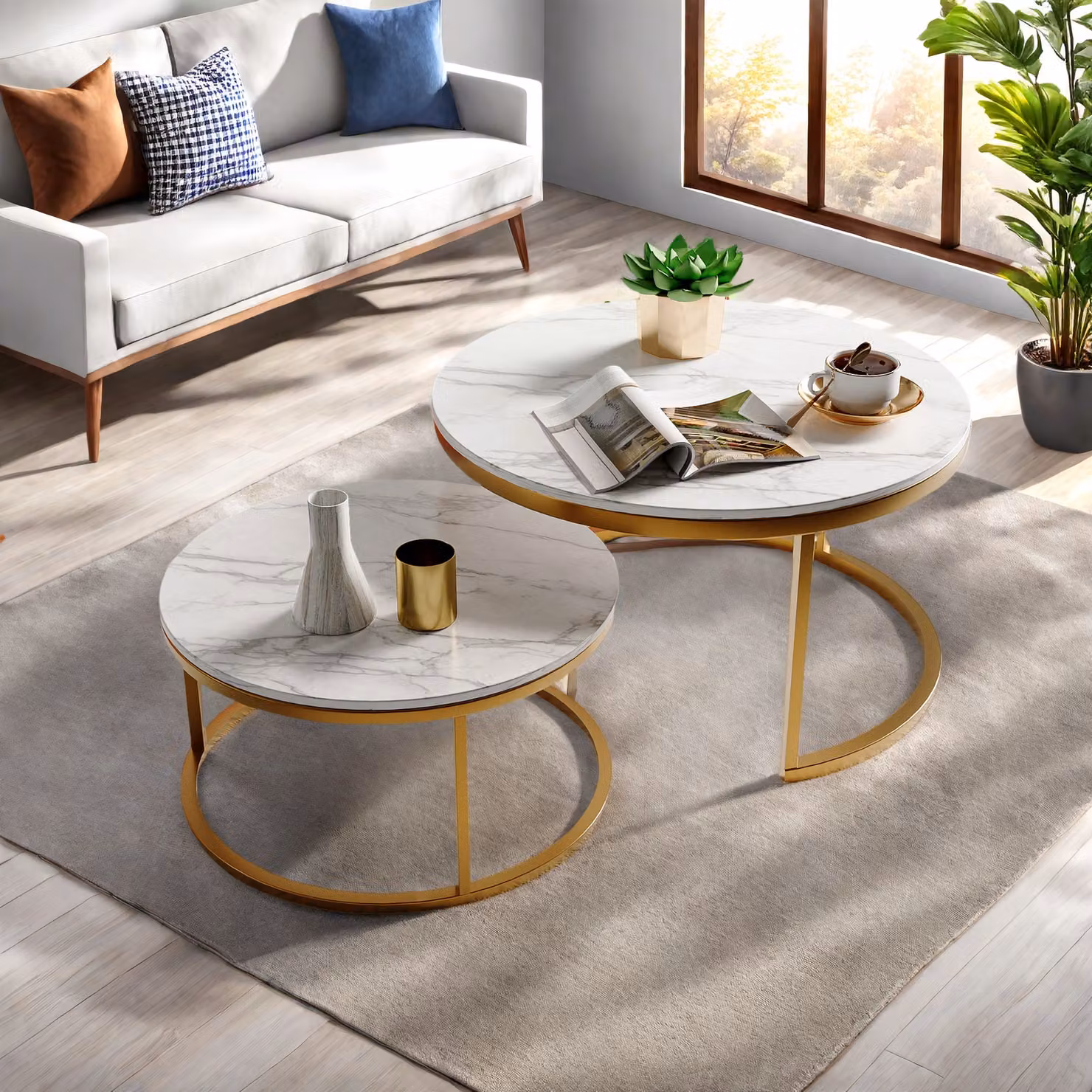 UnboxG tavolino da caffè rotondo, 2 pezzi con motivo in marmo, 80x45cm+60x33cm, oro