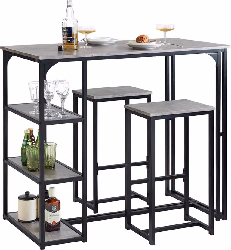 SoBuy set di tavolo e 2 sgabelli da bar, sgabelli da bar + sedie da bar, tavolo da bistrot, set da bar, set da bar, seggiolone per balcone, cucina e sala da pranzo, grigio