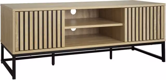 Mobile TV moderno Sweeek in legno scanalato e metallo nero, marrone, L 120 cm x P 40 cm x H 42 cm – 1