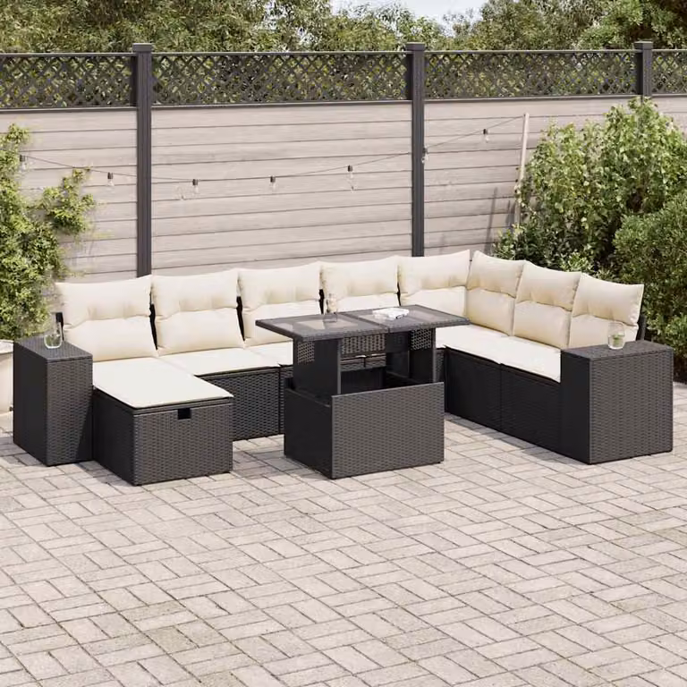 Set di divani da giardino vidaXL in polyrattan nero con 9 pezzi e cuscini inclusi