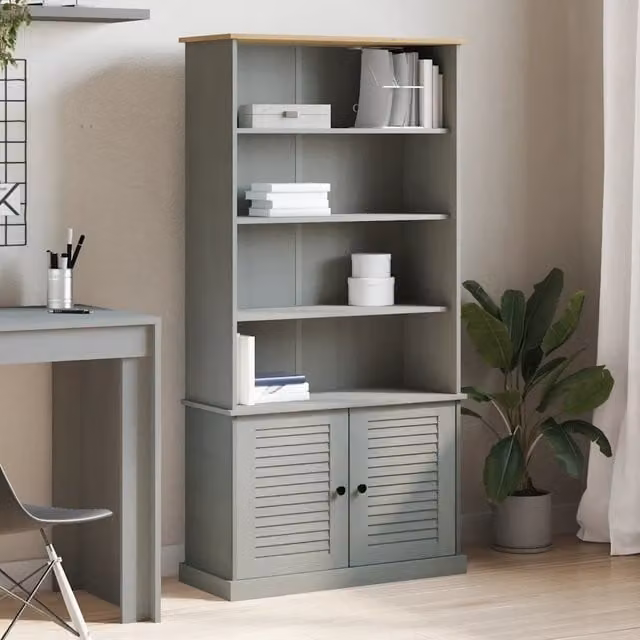 Libreria-Scaffale per Libri-Mobile di Stoccaggio VIGO 85x35x170 cm in Legno Massello di Pino Grigio