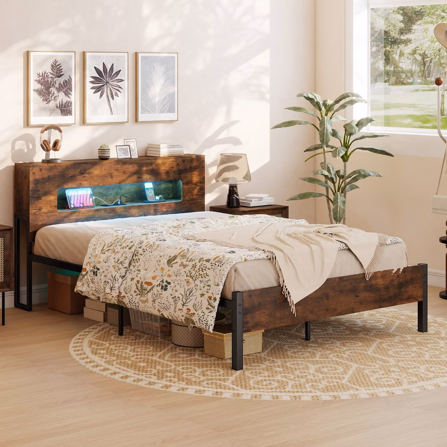 Letto piattaforma moderno Costway con contenitore, luci LED e prese USB, colore marrone, L/P: 200 x 140 cm