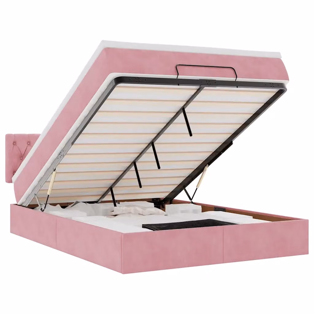 Struttura Letto con Materas e Base Contenitore con Luce Sotto il Letto e Porte USB vidaXL, Velluto Rosa e Bianco, L/P/H: 193 x 144 x 88 cm – 2