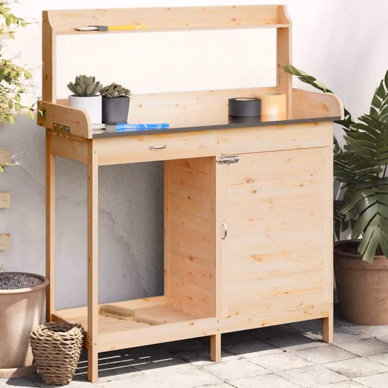 vidaXL Tavolo da giardino con mobile in abete massello e metallo, colore marrone, L/P/H: 110,5 x 45 x 124,5 cm