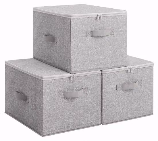 Ibenzoa® Set di 3 contenitori pieghevoli in tessuto non tessuto con coperchio, color grigio chiaro, dimensioni 40 x 30 x 25 cm – ideali per abbigliamento, articoli per bambini e giocattoli