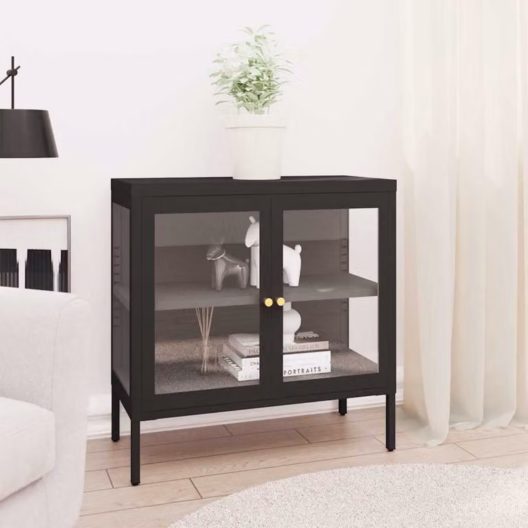 vidaXL Credenza Nera in Metallo e Vetro L 70 cm, P 35 cm, H 70 cm