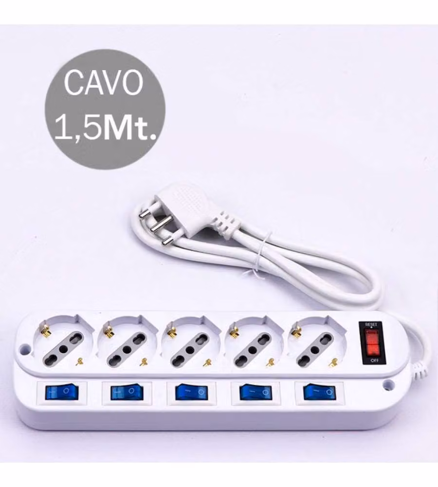 Multipresa V-TAC con 5 Prese 10/16A 2P+T e Schuko a 45°, Cavo 1,5 m, Colore Bianco