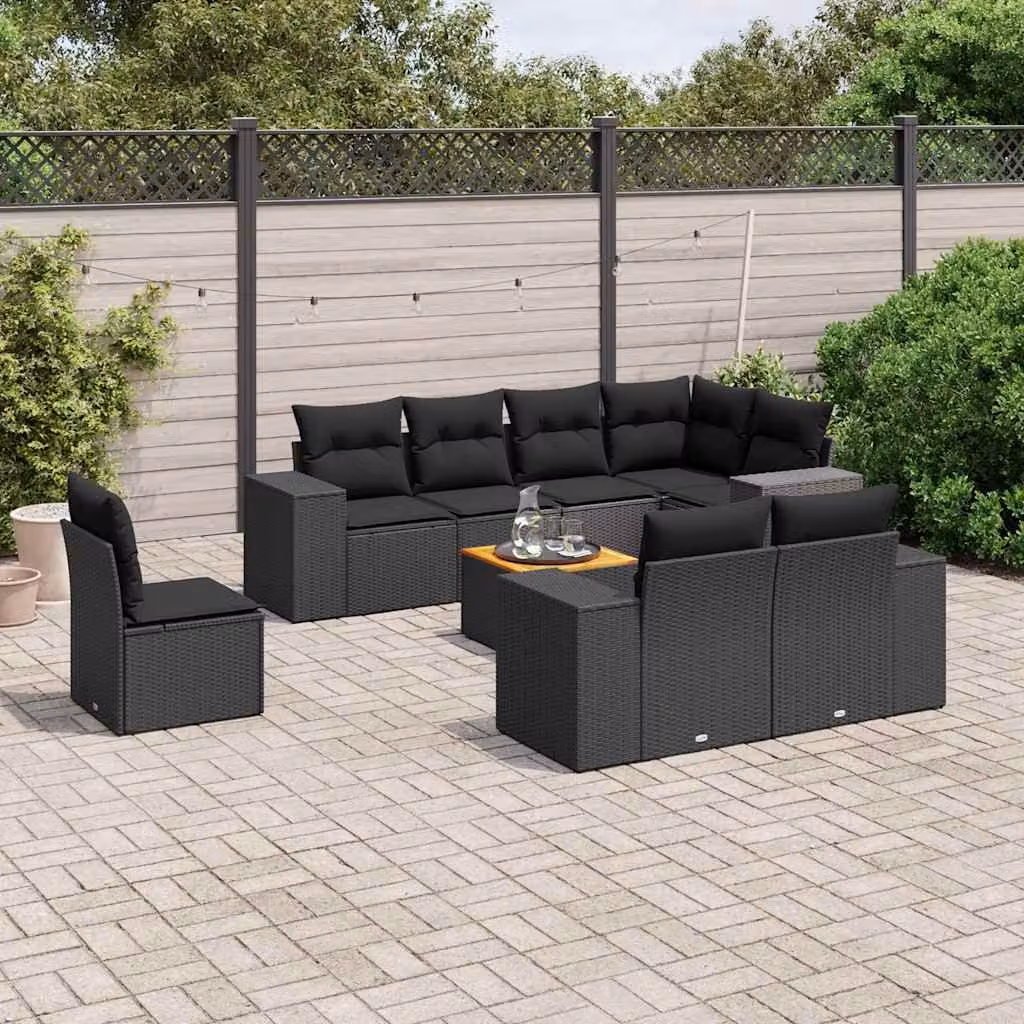 vidaXL Set Divani da Giardino 9 pz in Polyrattan Nero con Cuscini e Tavolino da Esterno a Forma di L – 1