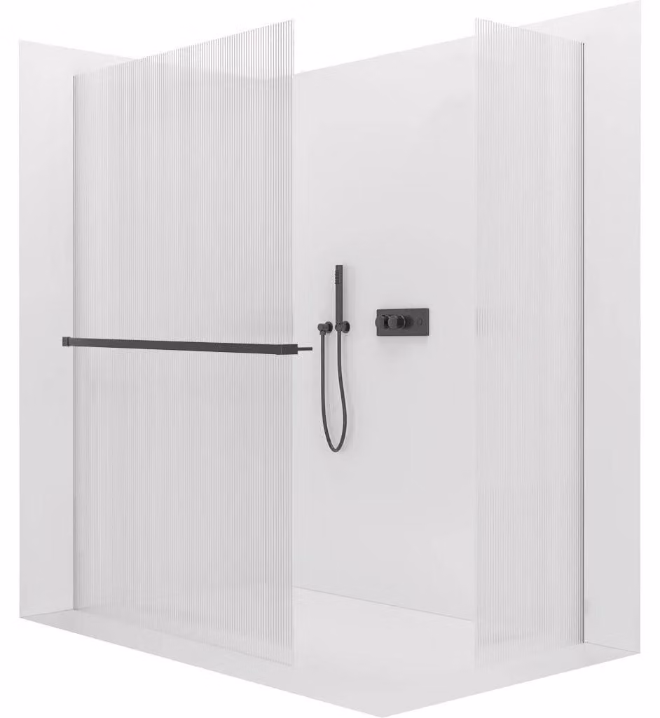 CERANO - Box doccia Walk-in Crystal T L/P - 8 mm - sistema senza montanti + ripiano/portasciugamani - nero opaco, vetro satinato - 100x90x200 cm