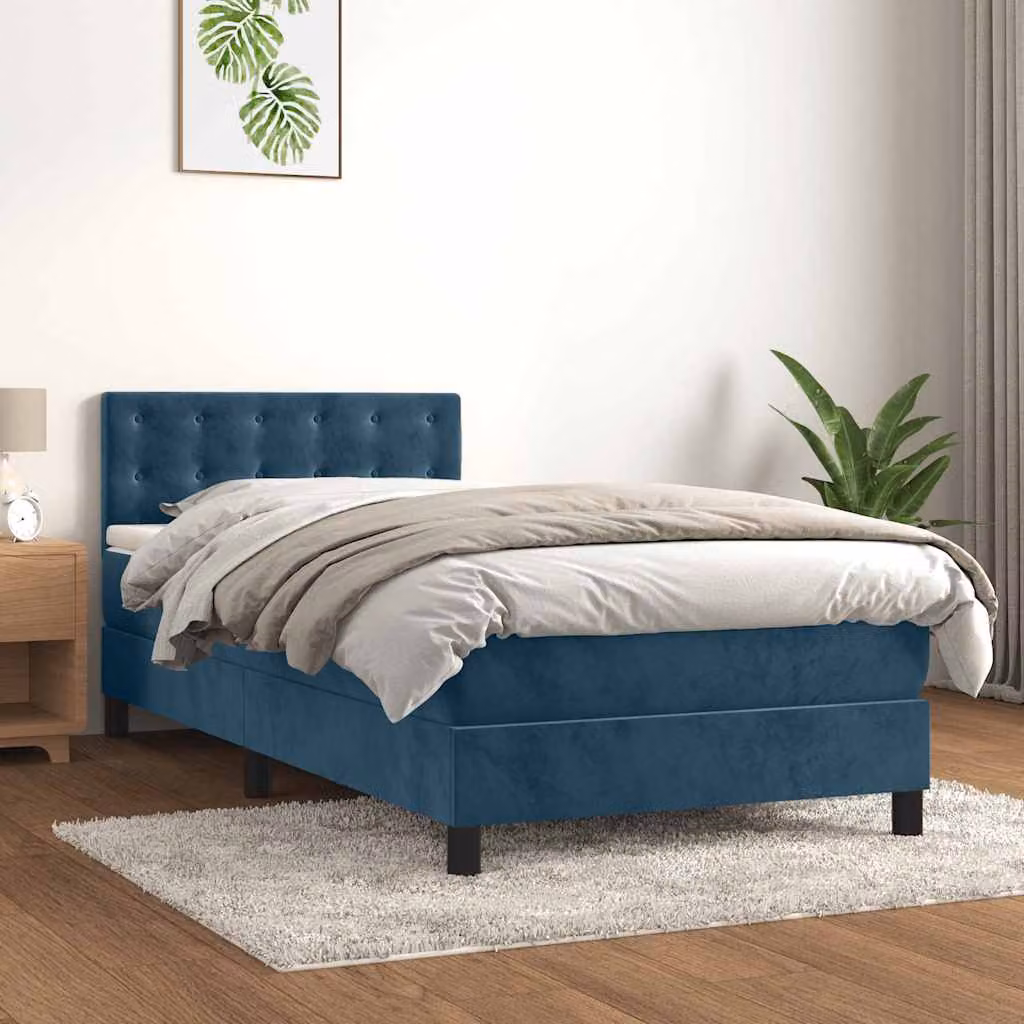 vidaXL Letto Ibrido con Giroletto a Molle e Materasso in Velluto Blu Scuro, L/P/H: 90 x 190 x 78 cm