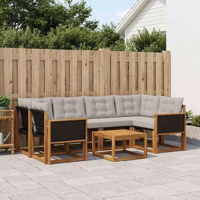 Set di divani da esterno vidaXL 7 pz in legno di acacia con tavolo da caffè, colore marrone e grigio chiaro