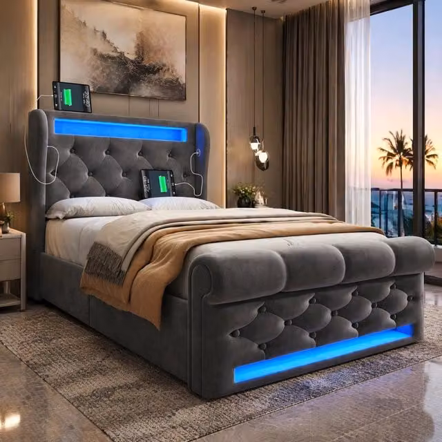 Letto imbottito contenitore REDOM in velluto grigio con illuminazione LED e porte USB e Type-C, L/P/H: 90 x 200 x 110 cm