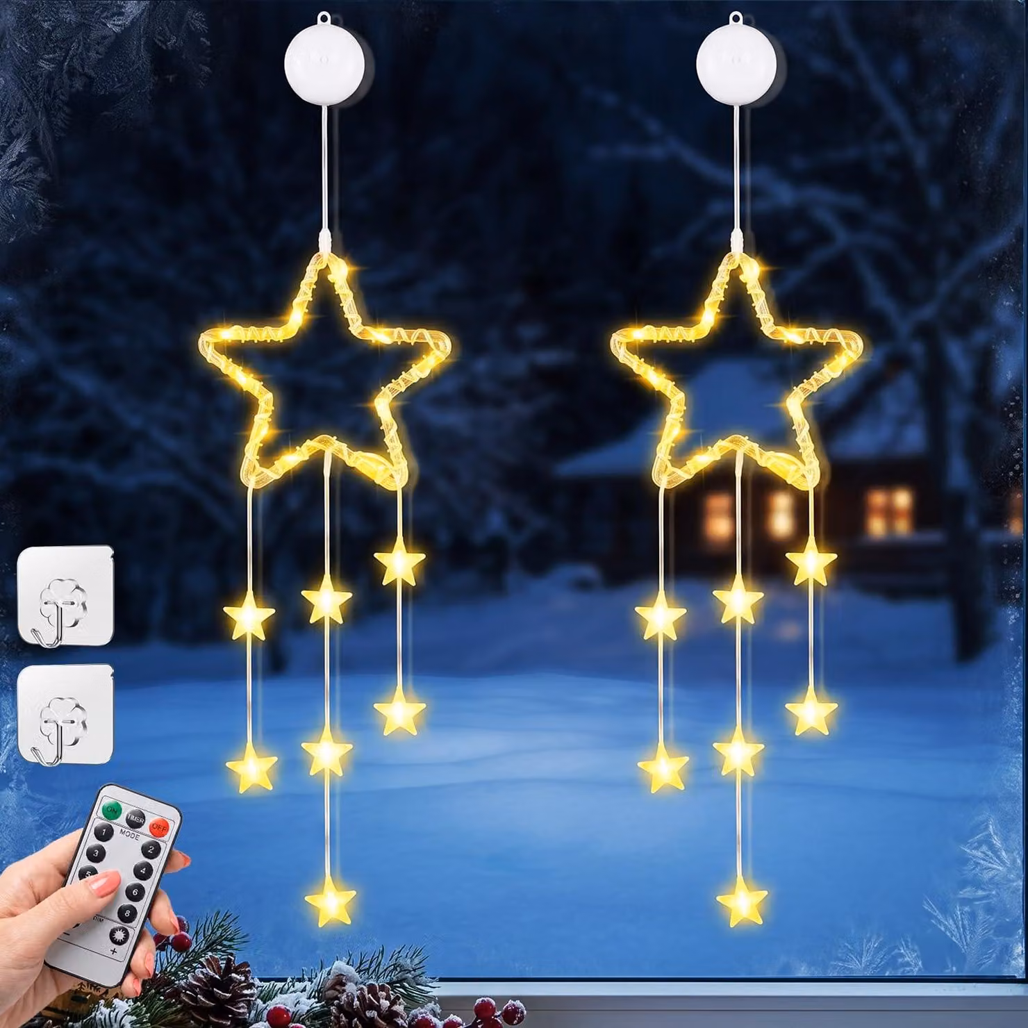 Luci natalizie a forma di stella, set da 2, luce bianco caldo, LED, 55 cm, con timer