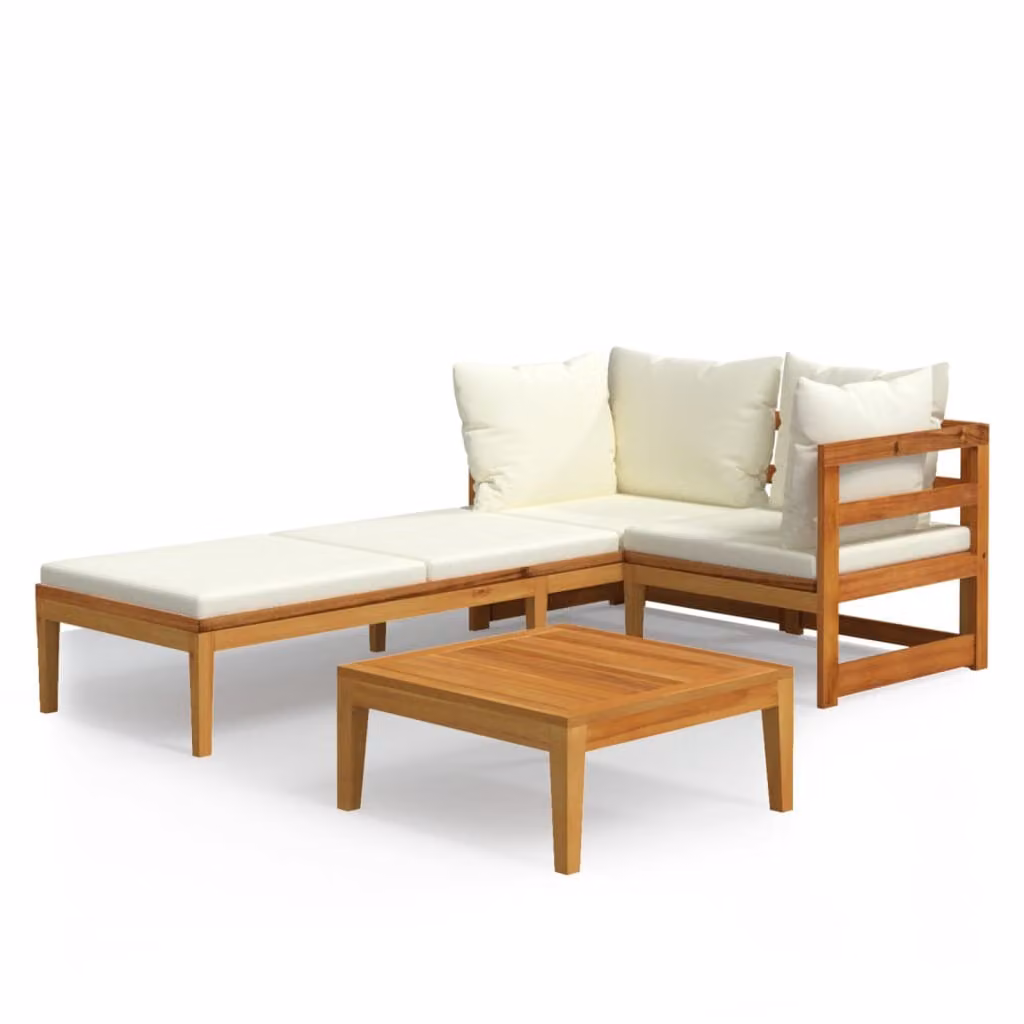 Set Divani Giardino 3 pz Cuscini Bianco Crema in Legno d'Acacia